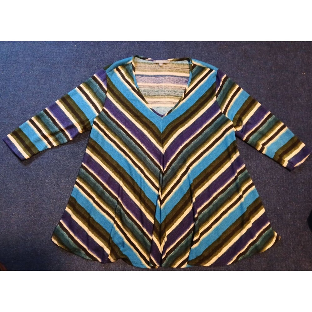 NY Collection Woman Stripe  Pattern V Neck Pleated Flare Style Blouse  1X